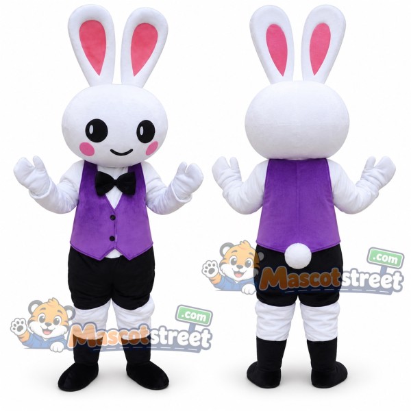 White Rabbit Mascot Costume with Purple Vest and Black Shorts