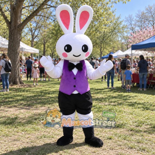White Rabbit Mascot Costume with Purple Vest and Black Shorts