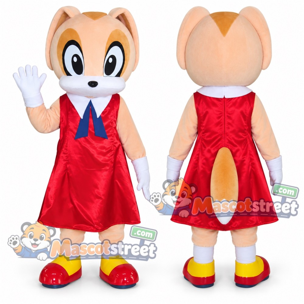 Tan Canine Mascot Costume with Red Dress Tan Canine Mascot Costume with Red Dress