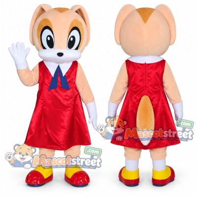 Tan Canine Mascot Costume with Red Dress Tan Canine Mascot Costume with Red Dress
