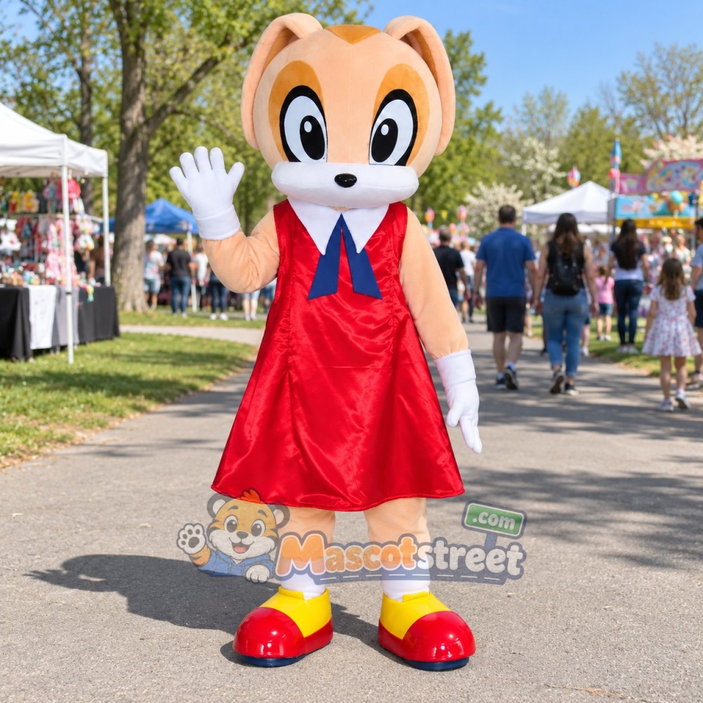 Tan Canine Mascot Costume with Red Dress Tan Canine Mascot Costume with Red Dress