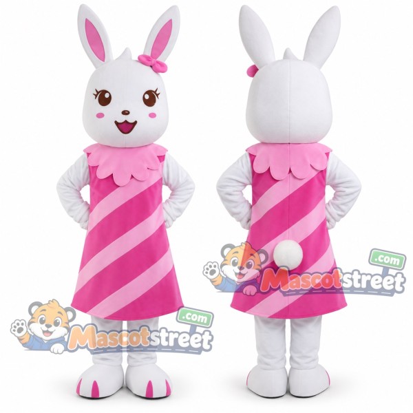 White Rabbit Mascot Costume with Pink Striped Dress