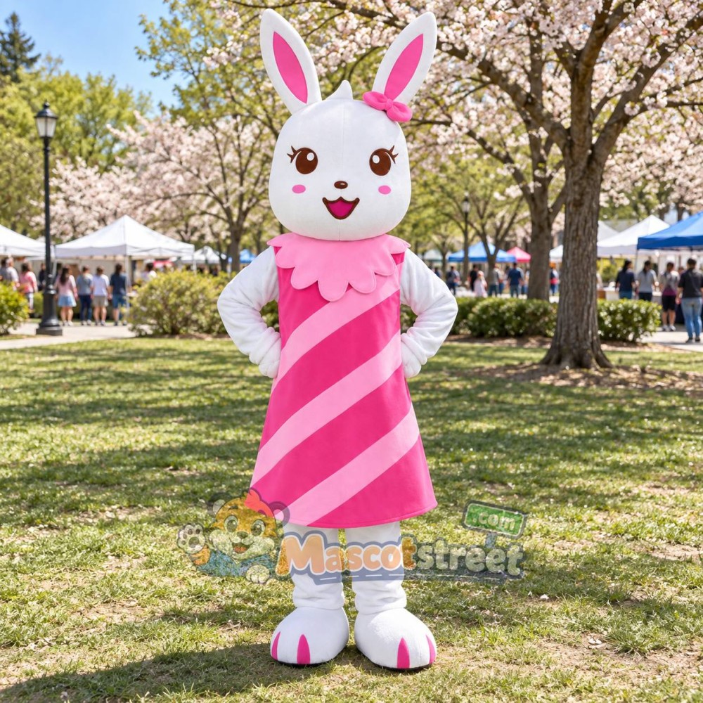 White Rabbit Mascot Costume with Pink Striped Dress