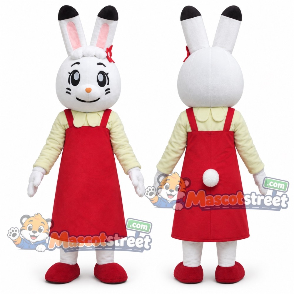 White Rabbit Mascot Costume with Red Apron Dress White Rabbit Mascot Costume with Red Apron Dress