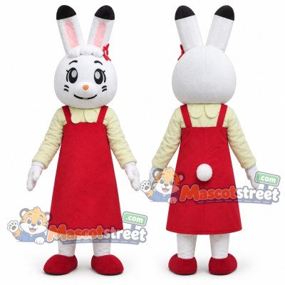 White Rabbit Mascot Costume with Red Apron Dress White Rabbit Mascot Costume with Red Apron Dress