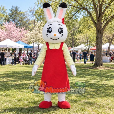 White Rabbit Mascot Costume with Red Apron Dress White Rabbit Mascot Costume with Red Apron Dress
