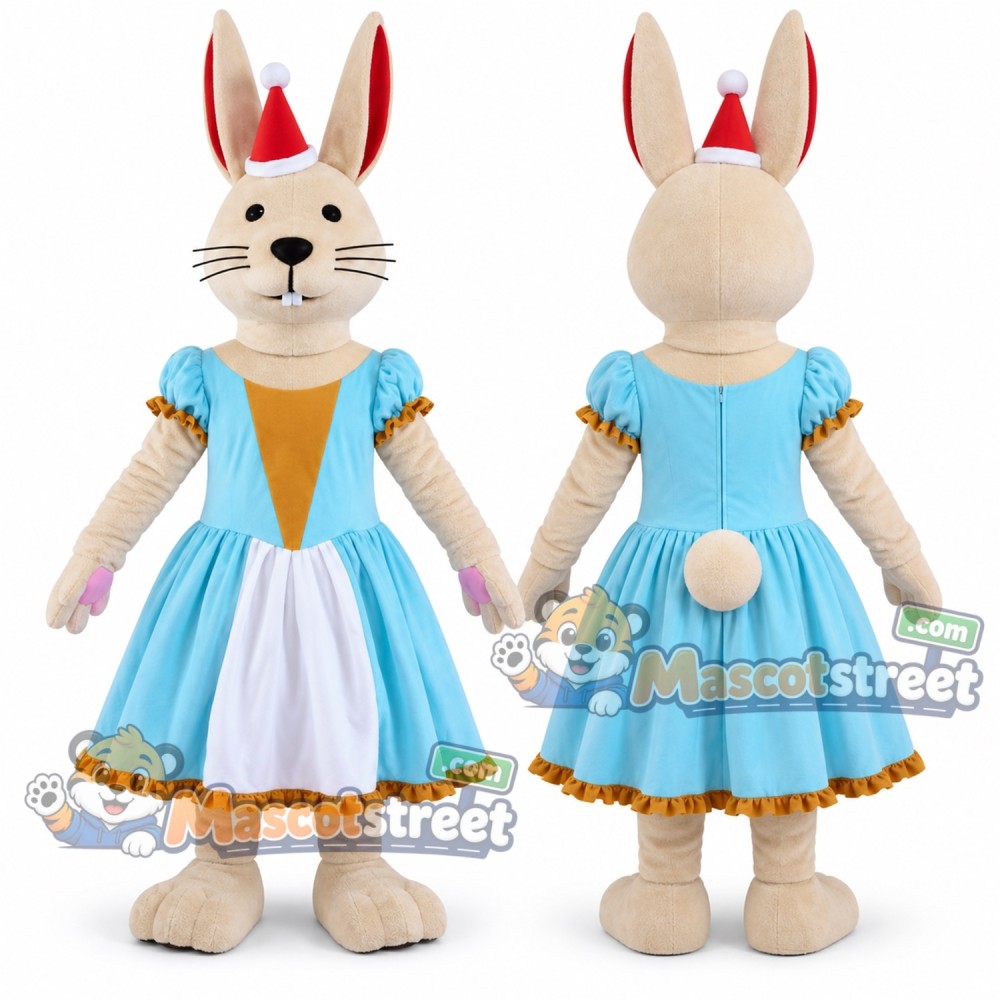 Cream Rabbit Mascot Costume with Blue Dress