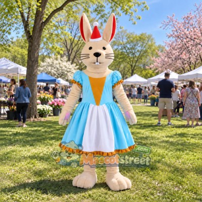 Cream Rabbit Mascot Costume with Blue Dress Cream Rabbit Mascot Costume with Blue Dress