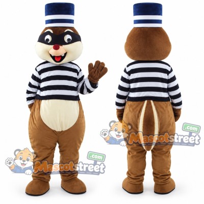 Brown Chipmunk Mascot Costume with Striped Shirt and Blue Top Hat Brown Chipmunk Mascot Costume with Striped Shirt and Blue Top Hat