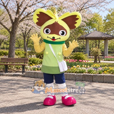 Tan Chipmunk Mascot Costume with Green Jacket and Navy Shorts