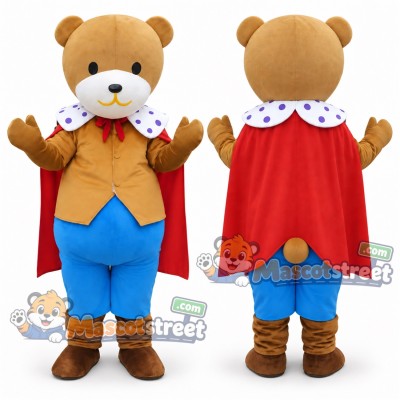 Brown Bear Prince Mascot Costume with Yellow Vest, Blue Pants and Red Cape