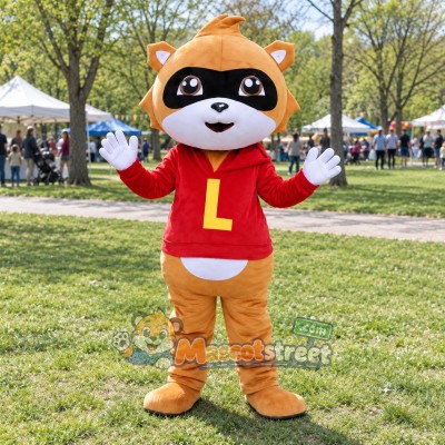 Orange Raccoon Mascot Costume with Red Hoodie