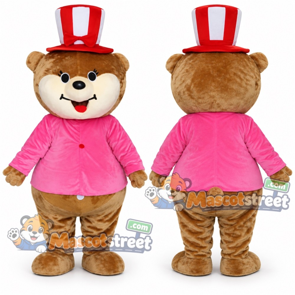 Brown Bear Mascot Costume with Pink Jacket and Red Top Hat Brown Bear Mascot Costume with Pink Jacket and Red Top Hat
