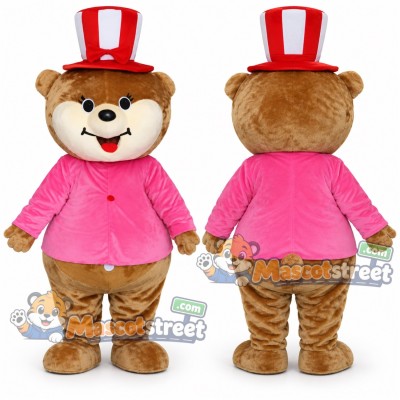 Brown Bear Mascot Costume with Pink Jacket and Red Top Hat Brown Bear Mascot Costume with Pink Jacket and Red Top Hat