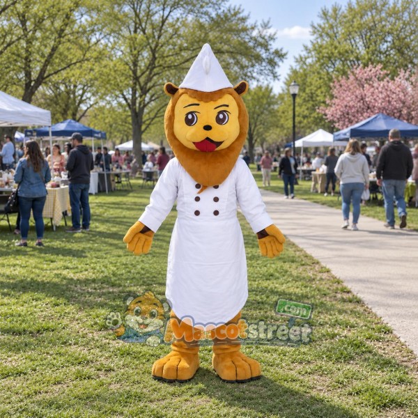 Lion Chef Mascot Costume with White Chef Coat and Hat Lion Chef Mascot Costume with White Chef Coat and Hat