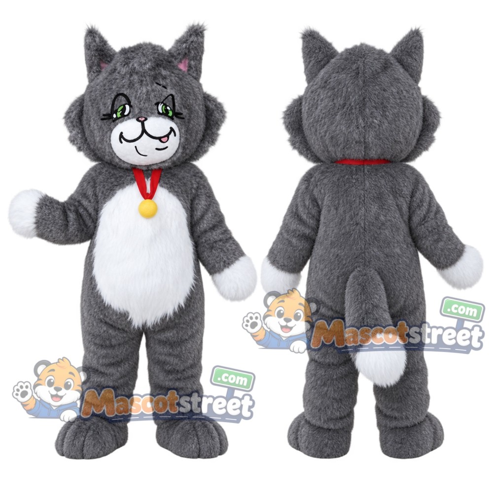 Gray Cat Mascot Costume with Red Collar Gray Cat Mascot Costume with Red Collar