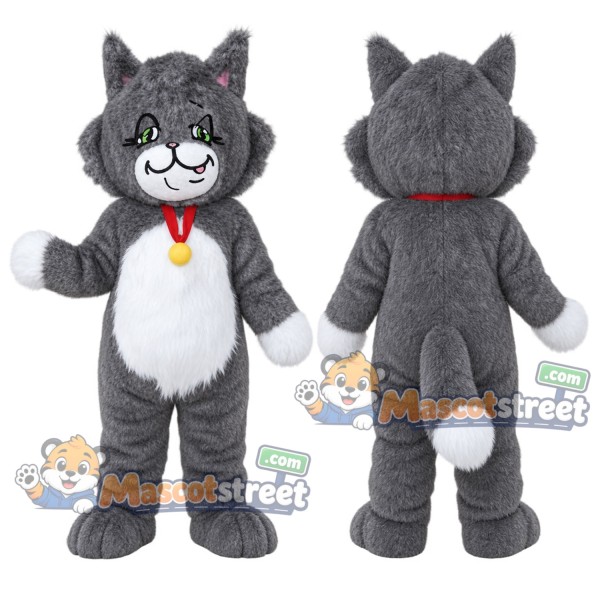 Gray Cat Mascot Costume with Red Collar