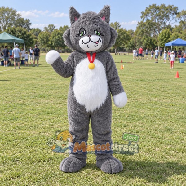 Gray Cat Mascot Costume with Red Collar