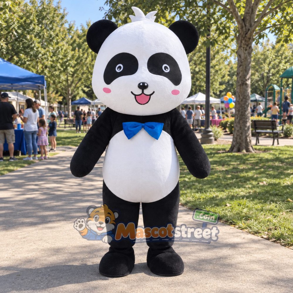 Panda Mascot Costume with Blue Bow Tie Panda Mascot Costume with Blue Bow Tie