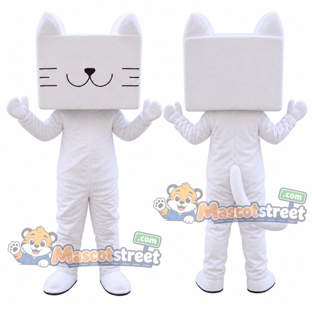 White Square Headed Cat Mascot Costume White Square Headed Cat Mascot Costume
