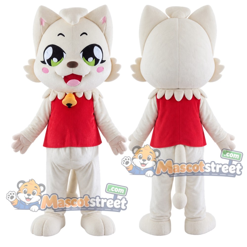 Cream Cat Mascot Costume with Red Vest