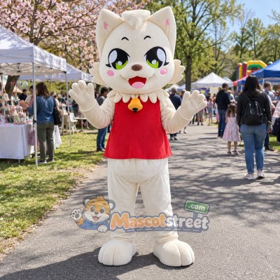 Cream Cat Mascot Costume with Red Vest