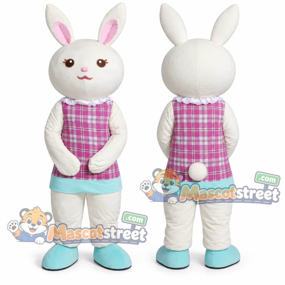 White Rabbit Mascot Costume with Pink Plaid Vest White Rabbit Mascot Costume with Pink Plaid Vest