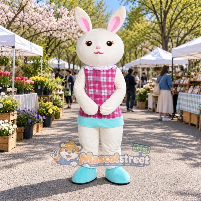 White Rabbit Mascot Costume with Pink Plaid Vest White Rabbit Mascot Costume with Pink Plaid Vest