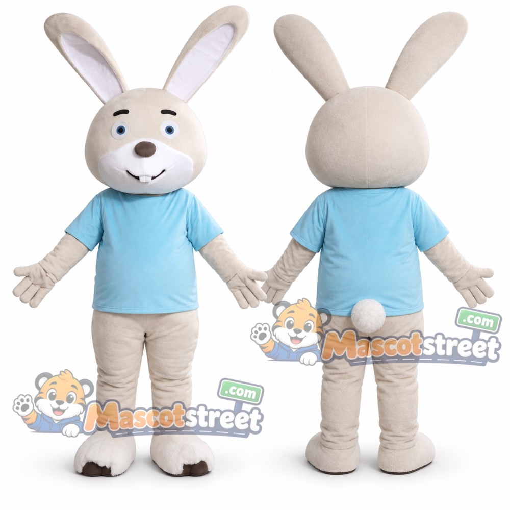 Beige Rabbit Mascot Costume with Light Blue Shirt