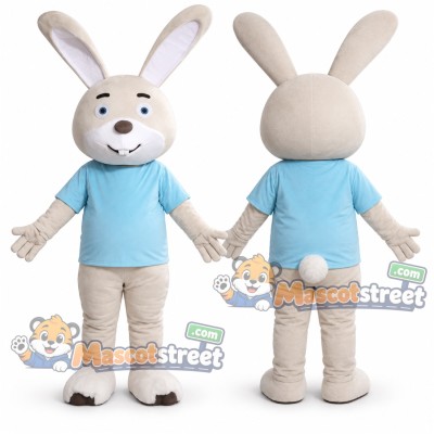 Beige Rabbit Mascot Costume with Light Blue Shirt