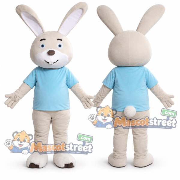 Beige Rabbit Mascot Costume with Light Blue Shirt