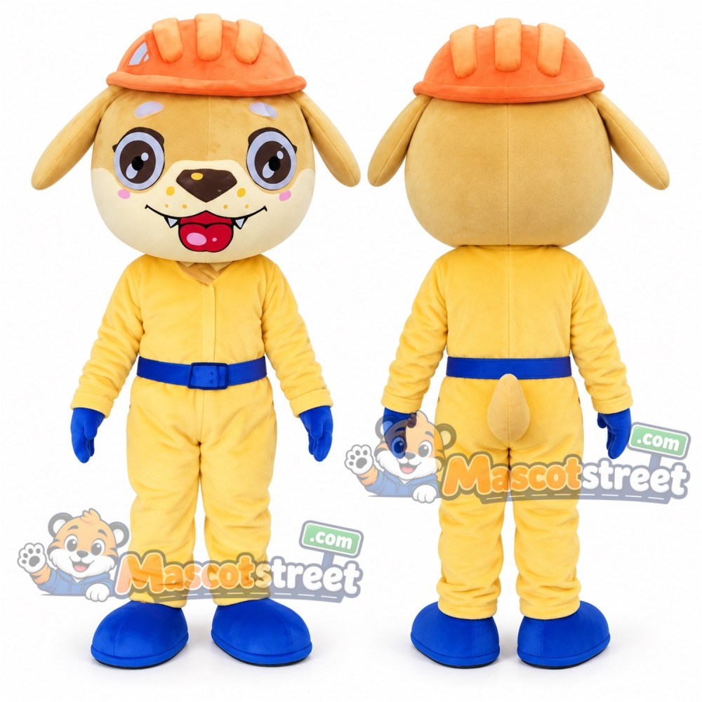 Yellow Construction Dog Mascot Costume with Yellow Work Suit and Orange Hard Hat