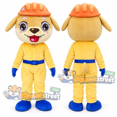 Yellow Construction Dog Mascot Costume with Yellow Work Suit and Orange Hard Hat