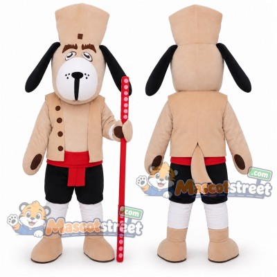 Tan Dog Soldier Mascot Costume with Beige Coat, Black Shorts and Tall Beige Hat