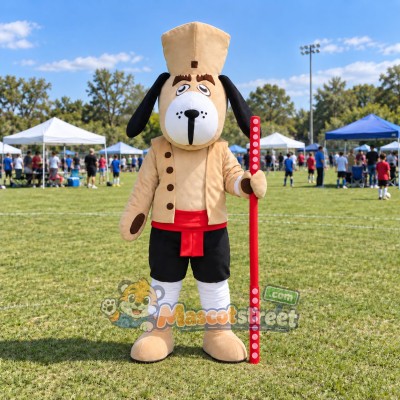 Tan Dog Soldier Mascot Costume with Beige Coat, Black Shorts and Tall Beige Hat Tan Dog Soldier Mascot Costume with Beige Coat, Black Shorts and Tall Beige Hat