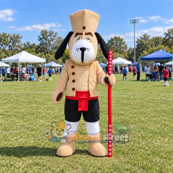 Tan Dog Soldier Mascot Costume with Beige Coat, Black Shorts and Tall Beige Hat