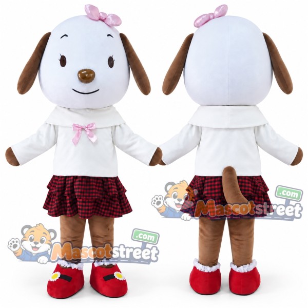 Brown and White Dog Mascot Costume with White Shirt and Plaid Skirt