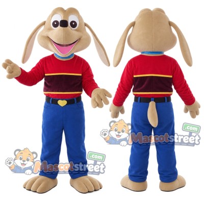 Tan Long Eared Dog Mascot Costume with Red Sweater and Blue Pants Tan Long Eared Dog Mascot Costume with Red Sweater and Blue Pants