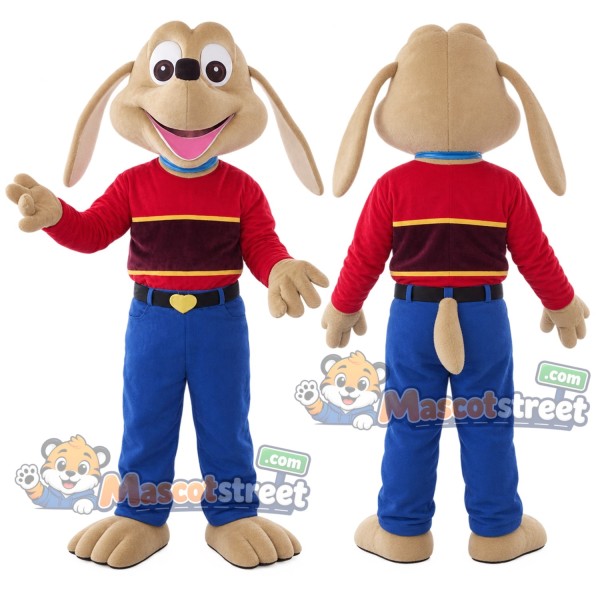 Tan Long Eared Dog Mascot Costume with Red Sweater and Blue Pants