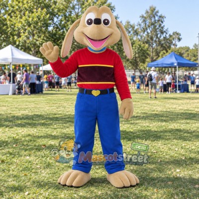Tan Long Eared Dog Mascot Costume with Red Sweater and Blue Pants Tan Long Eared Dog Mascot Costume with Red Sweater and Blue Pants