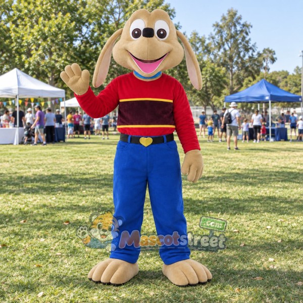 Tan Long Eared Dog Mascot Costume with Red Sweater and Blue Pants