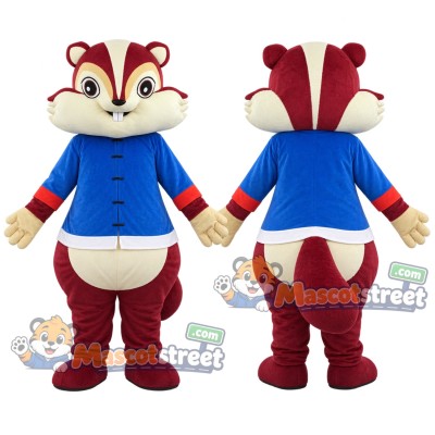 Burgundy Chipmunk Mascot Costume with Blue Jacket Burgundy Chipmunk Mascot Costume with Blue Jacket