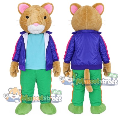 Tan Mouse Mascot Costume with Purple Jacket, Light Blue Shirt and Green Pants