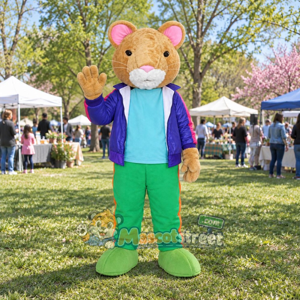Tan Mouse Mascot Costume with Purple Jacket, Light Blue Shirt and Green Pants Tan Mouse Mascot Costume with Purple Jacket, Light Blue Shirt and Green Pants