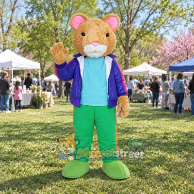 Tan Mouse Mascot Costume with Purple Jacket, Light Blue Shirt and Green Pants Tan Mouse Mascot Costume with Purple Jacket, Light Blue Shirt and Green Pants