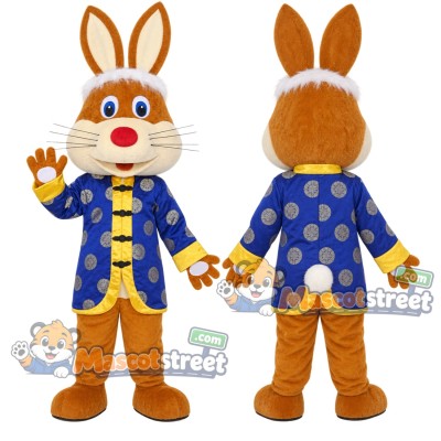 Brown Rabbit Mascot Costume with Blue and Gold Jacket Brown Rabbit Mascot Costume with Blue and Gold Jacket