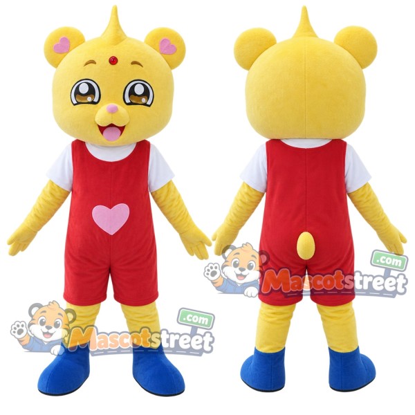 Yellow Bear Mascot Costume with Red Overalls
