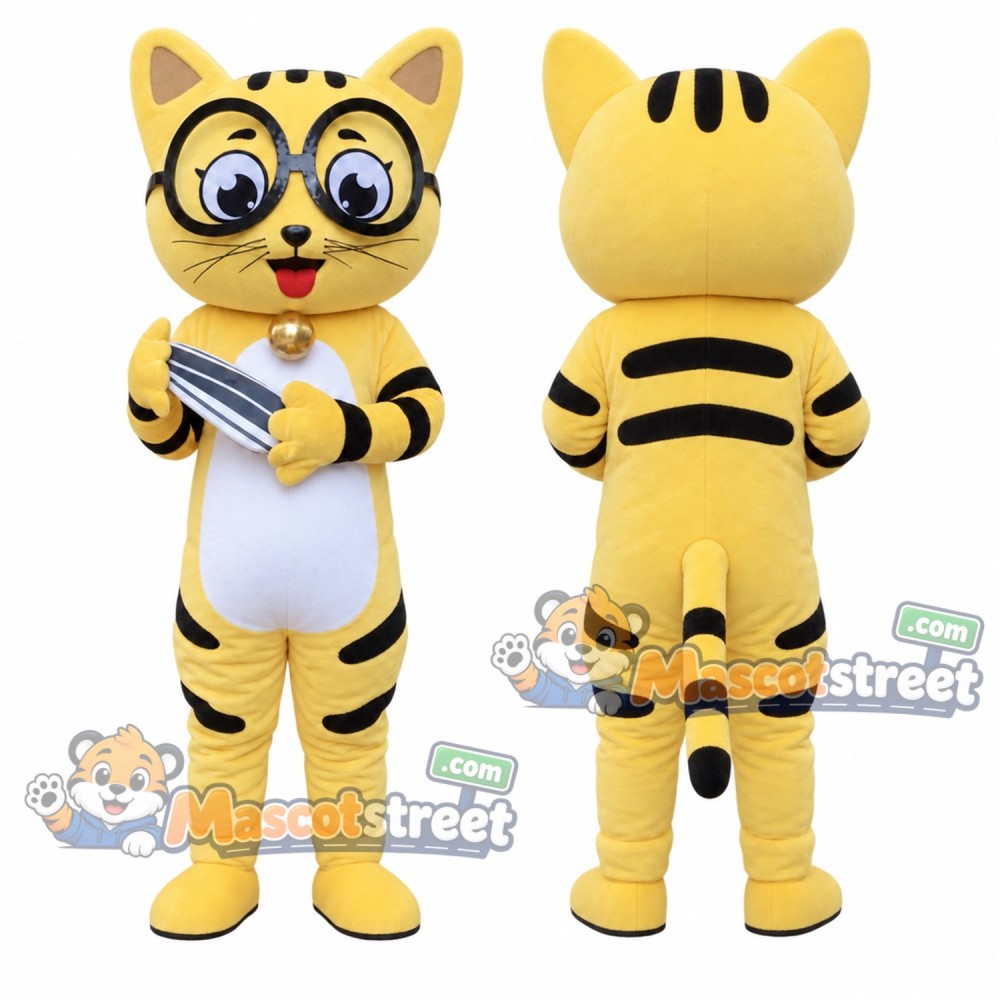 Yellow Tabby Cat Mascot Costume with Glasses Yellow Tabby Cat Mascot Costume with Glasses