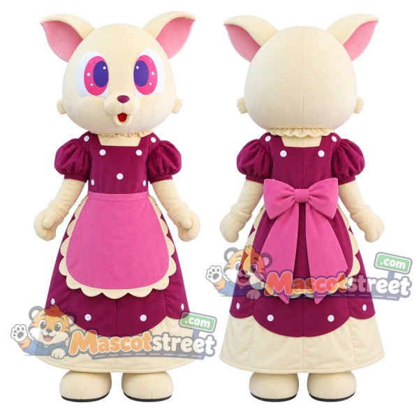 Cream Cat Mascot Costume with Pink and Burgundy Dress