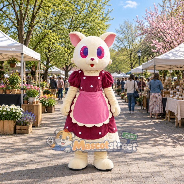 Cream Cat Mascot Costume with Pink and Burgundy Dress